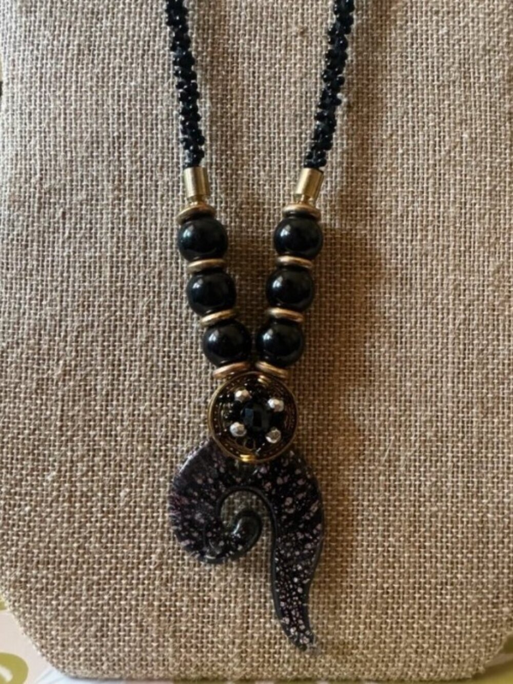 Artisan Black Seed Bead Woven Curved Spiral Horn Pendant Statement Necklace